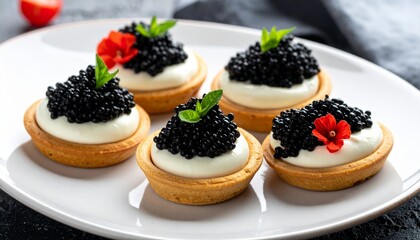 Exquisite Gourmet Appetizers - Mini Tartlets with Creamy Filling and Luxurious Caviar Topping.