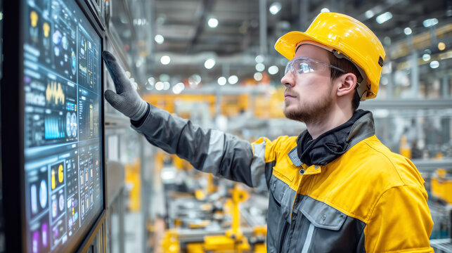Industrial Worker Using Touchscreen Interface in Modern Manufacturing Facility - Powered by Adobe