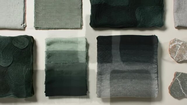 Arrangement of various green textile swatches and stone samples on a neutral background.