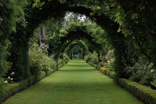 Long green garden path through arched foliage leading to distant trees