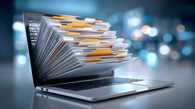 Files Are Open on a Laptop With a Blurred Background Showing Office Lights at Night