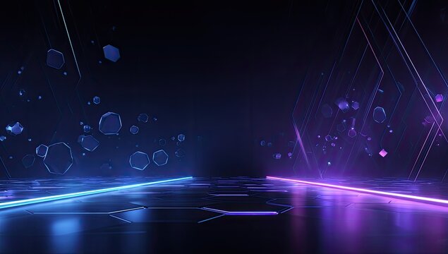 Futuristic dark scene with neon lighting, polygonal shapes, and refractive reflections - Powered by Adobe