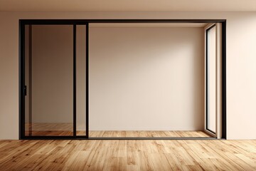 Modern architectural interior with a large open doorway and wood flooring