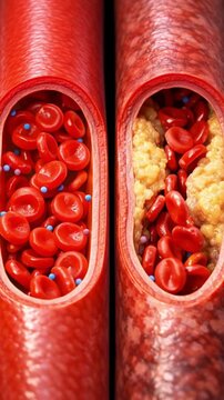 Blood flow artery vs clogged artery medical concept detail showing healthy vessel cross section beside blocked vessel with plaque buildup risk medical illustration of blood flow artery vs clogged