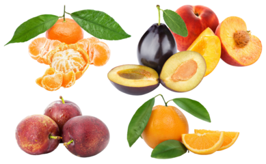 vibrant assortment of fresh fruits including tangerines, plums, peaches, and oranges, beautifully arranged with green leaves on a transparent background for a healthy lifestyle theme.