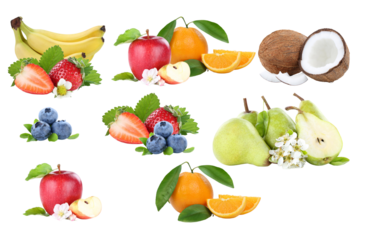 vibrant assortment of fresh fruits including bananas, strawberries, and oranges, captured in a studio setting.