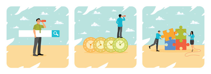 Obraz premium Search and discovery career concept. Time management. Jigsaw puzzle connection.