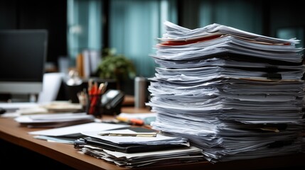 Disorganized Stack of Papers on a Desk in a Modern Office Space with Natural Light