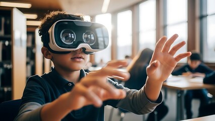 Young boy engrossed in a virtual reality headset, experiencing an immersive digital world in a classroom setting