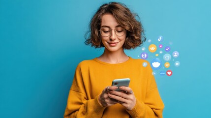 Woman using smartphone with social media icons and notification badges. Communication and technology concept.