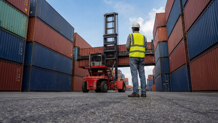 A forklift operator in a high-visibility vest oversees the movement of containers in a shipping yard. The scene captures the busy environment of logistics and transportation.