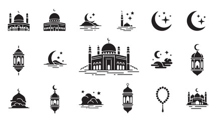 Fototapeta premium Ramadan Mosque Icons with Lanterns and Crescent Moon