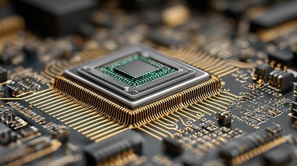 Close-up of a Computer Microchip on a Circuit Board with Detailed Connections and Layers