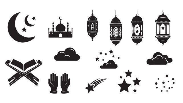 Ramadan Icon Set with Mosque, Lanterns, Crescent Moon and Stars and Quran