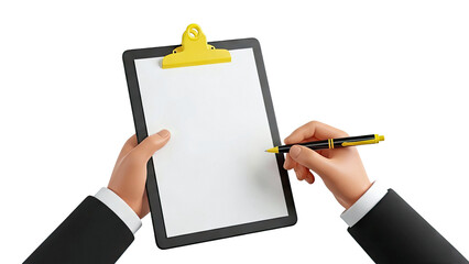 Hands in suits writing on clipboard with pen