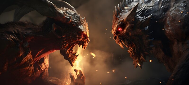 realistic photo of a glossy ifrit vs demon ,generative AI
