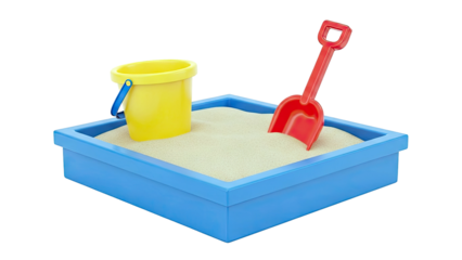 Sandbox with Yellow Bucket and Red Shovel