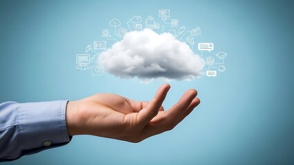 The hand holding a cloud with digital icons, symbolizing cloud computing and data storage