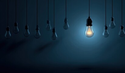 A single glowing light bulb illuminates among many unlit ones, symbolizing unique ideas