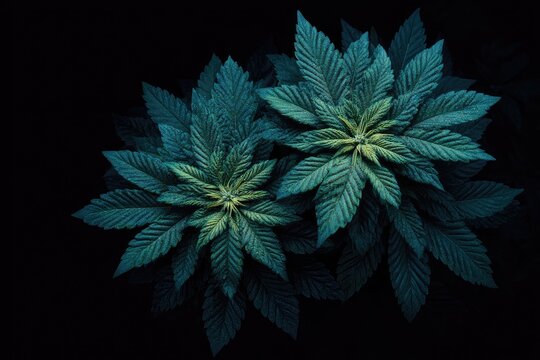 Overhead shot of two leafy plants with multi-toned teal leaves against a stark black background