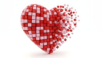 Red and pink heart shape dissolving into small cubes on white background love breaking apart
