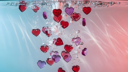 Red and purple heart shapes falling through water with bubbles hearts