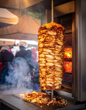 Rotating vertical stack of cooked meat ready to be shaved