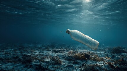 Naklejka premium Plastic Bottle Floating in Clear Underwater Environment Surrounded by Seaweed and Marine Life
