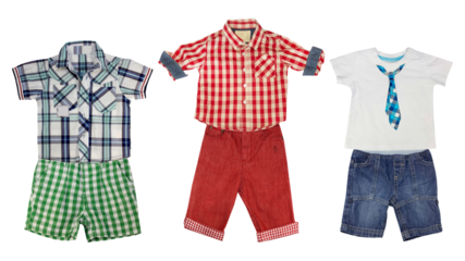 a collection of three stylish boys' outfits laid out flat, featuring plaid shirts, shorts, and jeans, perfect for casual wear.