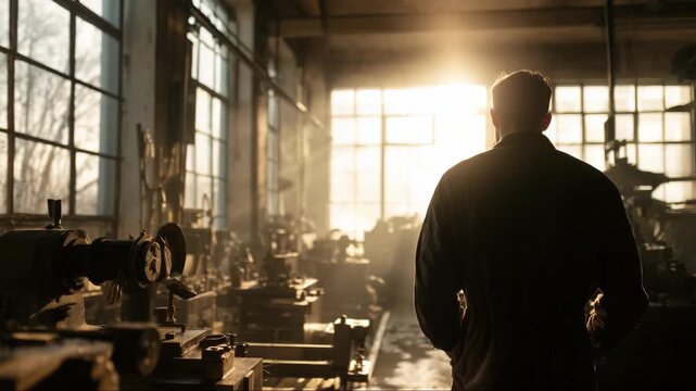 Backlit worker in vintage industrial workshop