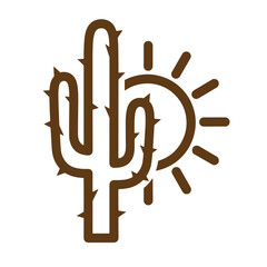 Fototapeta premium Drawing Vintage Brown cactus with sun icon desert plant symbol with sun rays illustration