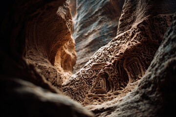 Close-up of eroded rock formations, intricate patterns, warm earthy tones, and deep shadows