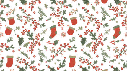 Template Cozy winter seamless pattern with lettering and doodle elements.Twigs with red berries, snowflakes,socks, candles, cones. Red,green 