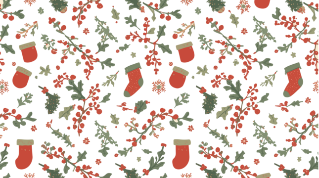  Template Cozy winter seamless pattern with lettering and doodle elements.Twigs with red berries, snowflakes,socks, candles, cones. Red,green  - Powered by Adobe