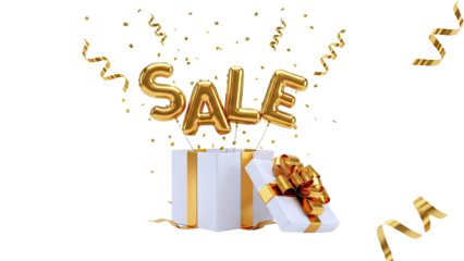 Golden SALE Balloons Emerge From Open Gift Box with Confetti
