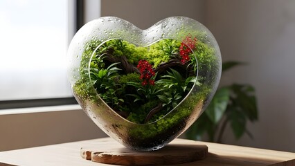 Heart shaped glass terrarium with green plants and red flowers on wooden table