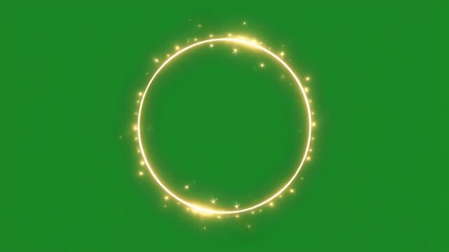 A bright golden circle with sparkling lights on a green background.
