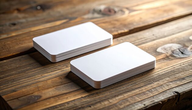 Two Stacks Of Blank White Business Cards With Rounded Corners On A Rustic Wooden Table