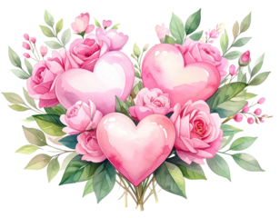 Untitled design - Watercolor Bouquet of Pink Heart Shapes With Green Leaves, Romantic Clipart, Isolated on Transparent Background
