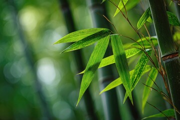 Close-up of vibrant green bamboo leaves with sunlight, blurred bamboo stalks in the background