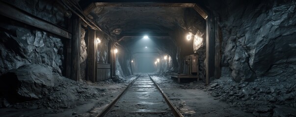 Naklejka premium Abandoned Mine Tunnel with Dim Lights and Old Railway Tracks in Dark Surroundings