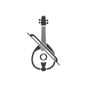 Black and white saz antique instrument icon with bow and string