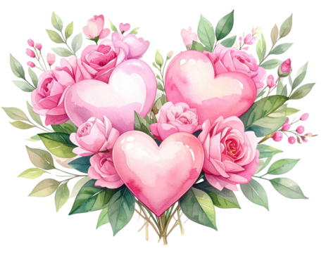 Untitled design - Watercolor Bouquet of Pink Heart Shapes With Green Leaves, Romantic Clipart, Isolated on Transparent Background - Powered by Adobe