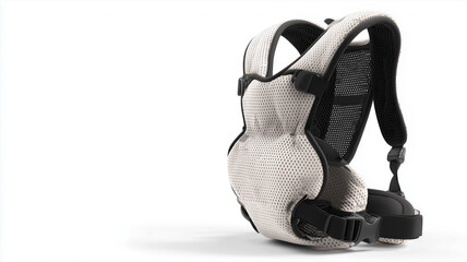 Ergonomic baby carrier with breathable fabric texture on white background.