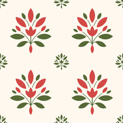 Seamless floral pattern with stylized red flowers and green leaves on a cream background, minimalist botanical ornament for textile and decor.