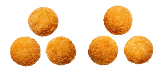 crispy golden-brown croquettes, small fried balls of food coated in breadcrumbs, arranged in a dynamic cluster on a dark background.