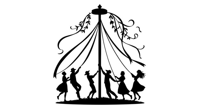 A group of people dancing around a maypole on a festive occasion