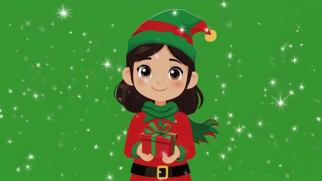 A cute cartoon girl dressed as a Christmas elf holding a gift box on a sparkling green background.