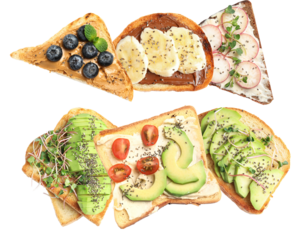 a vibrant overhead view of assorted gourmet toasts, creatively topped with diverse ingredients like blueberries, peanut butter, bananas, radishes, and microgreens on toasted bread slices.