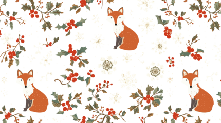  template featuring a seamless Christmas pattern with fabric motifs, adorable fox animals with white fur and black noses, holly twigs adorned with png Transparent 